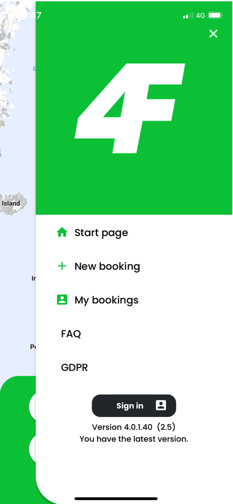 Use4Free - Navigation menu of the Use4Free trailer sharing app showing booking and account options.
