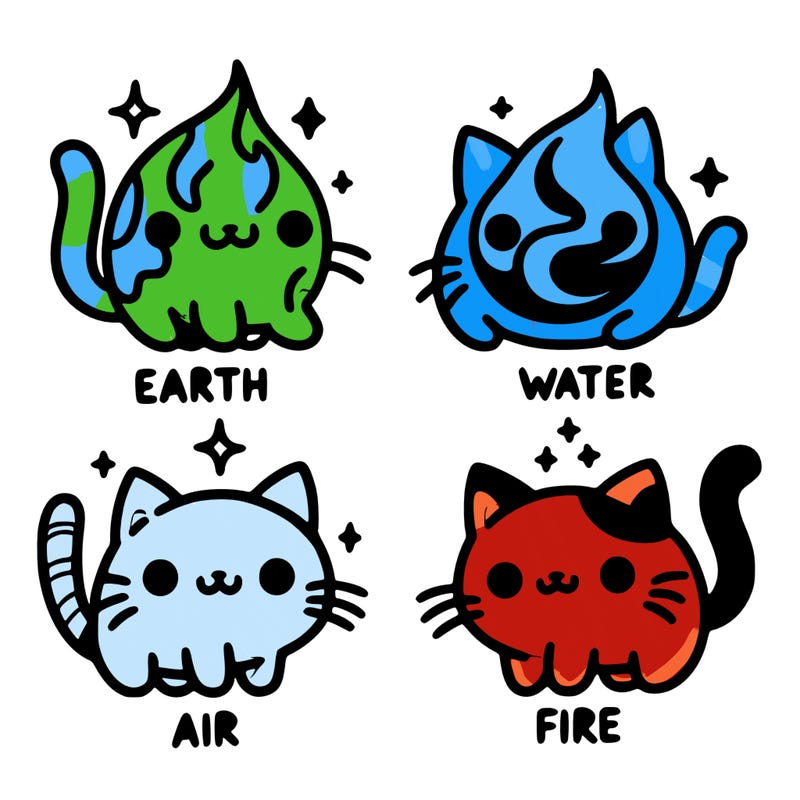 4 cats that represent the different elements, earth, water, air, and fire