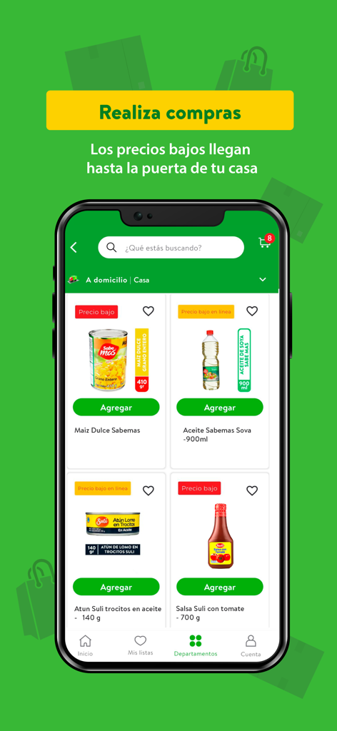 Maxi Despensa - A smartphone displaying the Maxi Despensa app with a catalog of grocery products like corn, cooking oil, and tuna with add to cart buttons.
