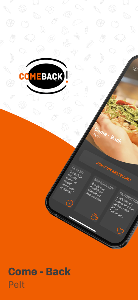 Come - Back - Pantalla de inicio de la aplicación de pedidos de comida Come Back que muestra opciones de menú y favoritos
