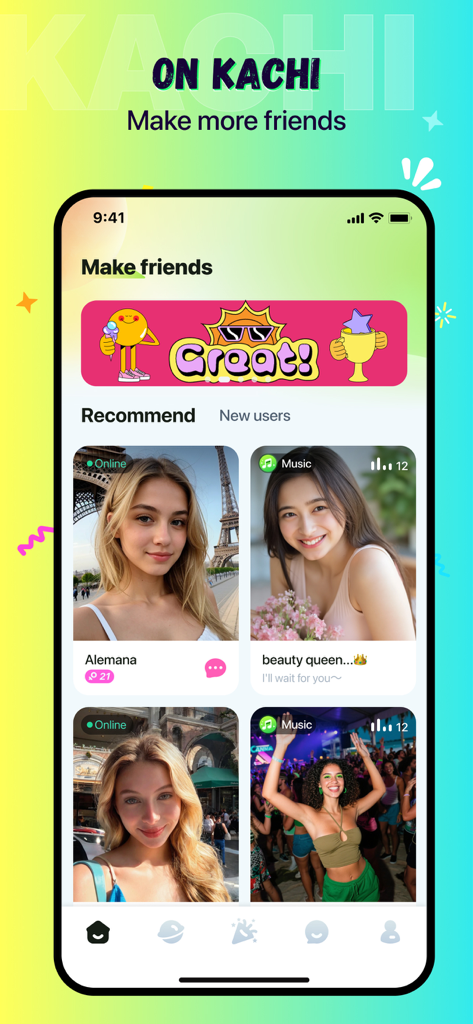 Pantalla de la aplicación Kachi que muestra perfiles de usuario recomendados para hacer nuevos amigos