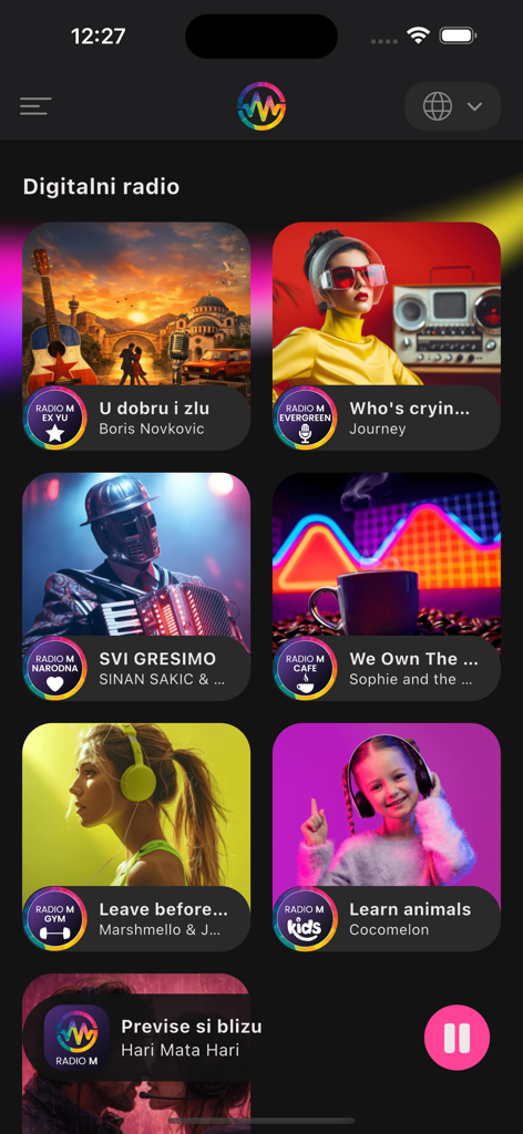 Radio M - Radio M app interface displaying various digital radio channels like Ex Yu, Evergreen, and Narodna