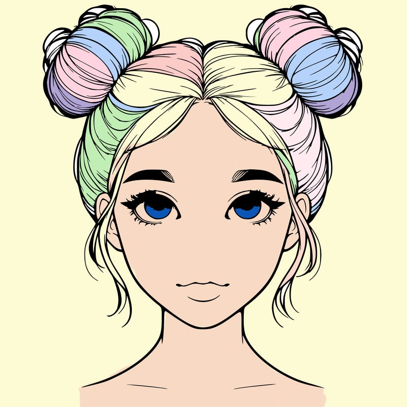 realistic girl with two buns on top of her head
