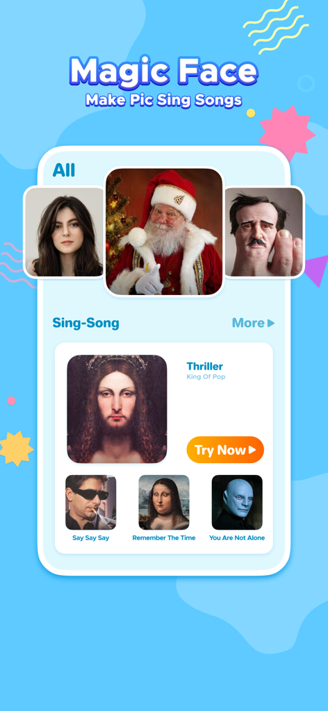 Soul Insight - AI Face Aging - Interface of Soul Insight app showing the Magic Face feature to make photos sing songs