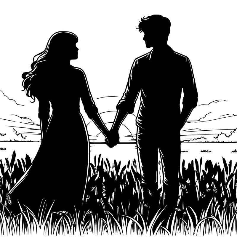 silhouette of man and woman holding hands in field realistic
