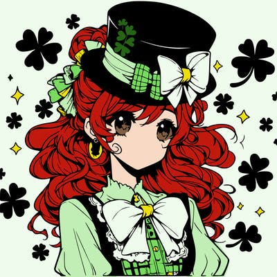 a manga-style girl with clovers around her, a little hat in her hair, like it's saint patrick's day