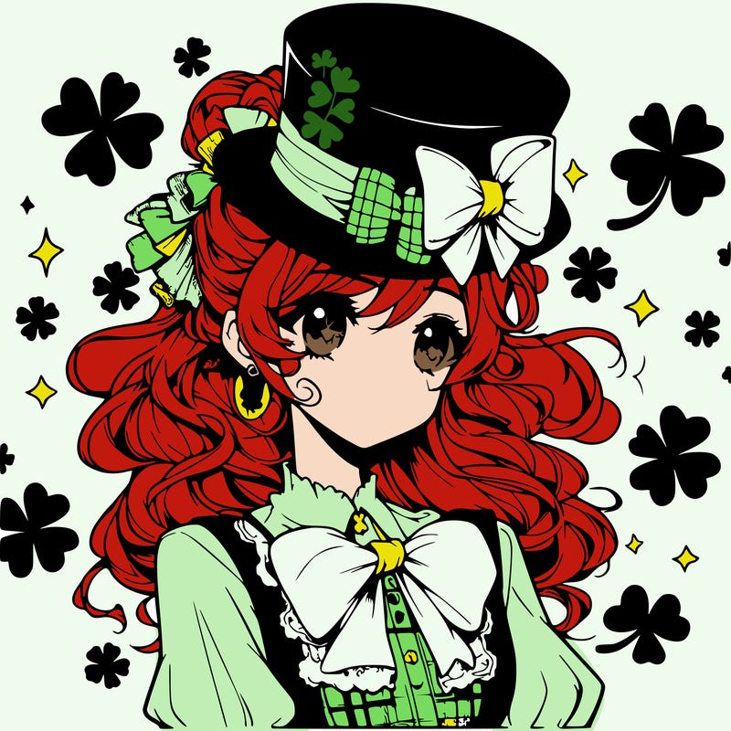 a manga-style girl with clovers around her, a little hat in her hair, like it's saint patrick's day