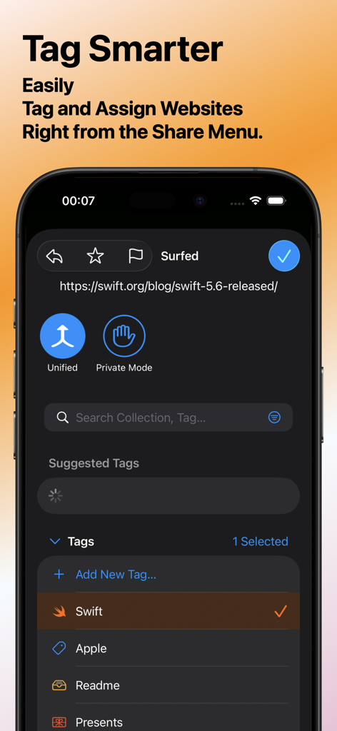 Surfed Pro Browser & Bookmark - Surfed Pro interface for tagging and organizing websites from the iOS share menu.