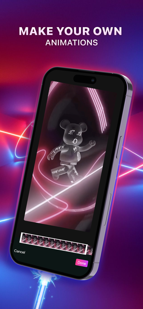 Magic Charger-Charge Animation - Smartphone interface showing the creation of a custom charging animation featuring a stylized bear and neon lights.