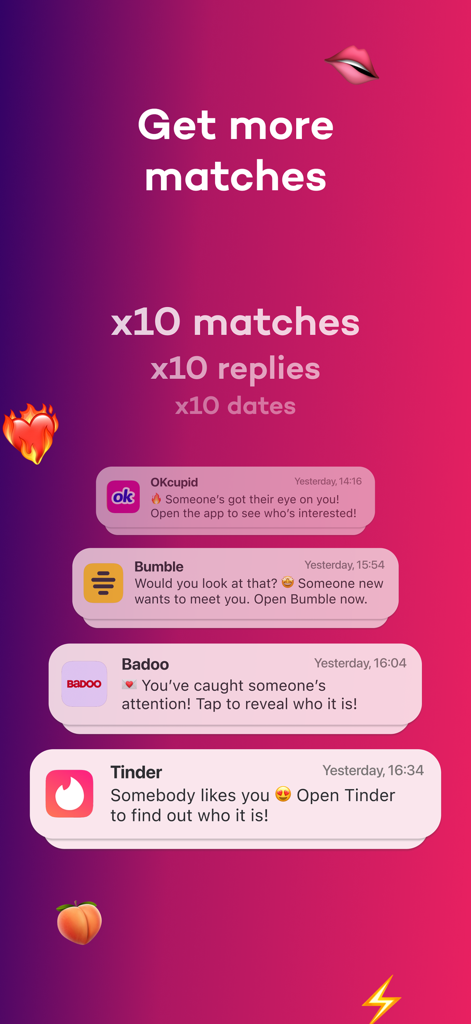 Promotional screen for Flirtist AI Dating Assistant showing notifications from Tinder and Bumble with text promising ten times more matches.