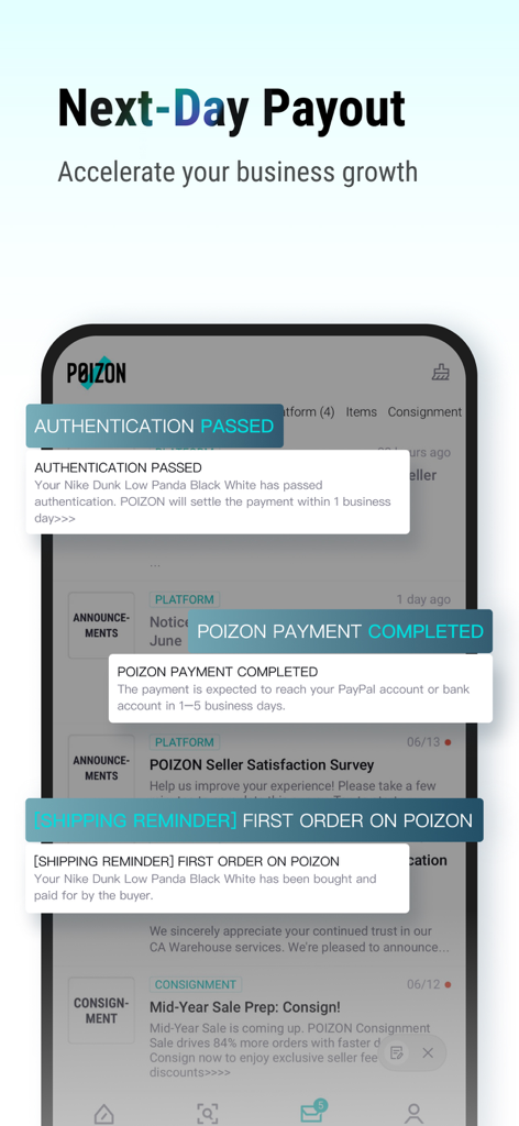 Mobile app screen illustrating POIZON next day payout for sneaker resellers and authentication status