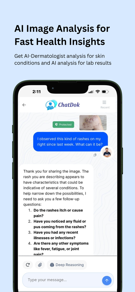 Chatdok - ChatDok mobile app interface showing AI analysis of a skin rash image with follow up questions