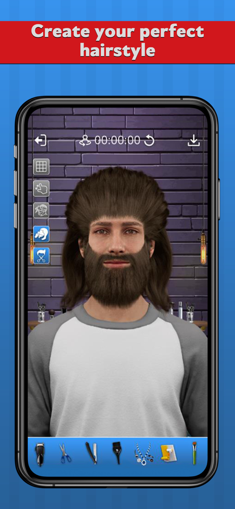 Tela de smartphone mostrando a interface do jogo Barber Chop 2 com um personagem masculino e ferramentas de estilização de cabelo