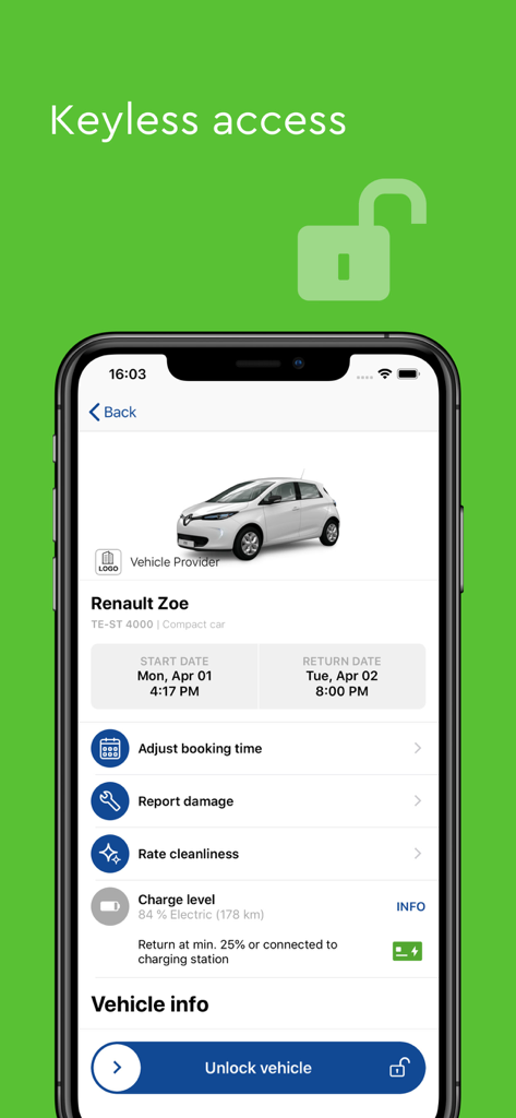 mobileeee E-Carsharing - Smartphone-Oberfläche der mobileeee App, die schlüssellosen Zugang und Details zur Anmietung von Elektrofahrzeugen zeigt