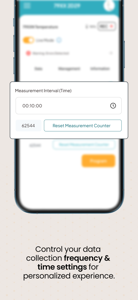 TE SensorConnect app screen for controlling data collection frequency and time settings