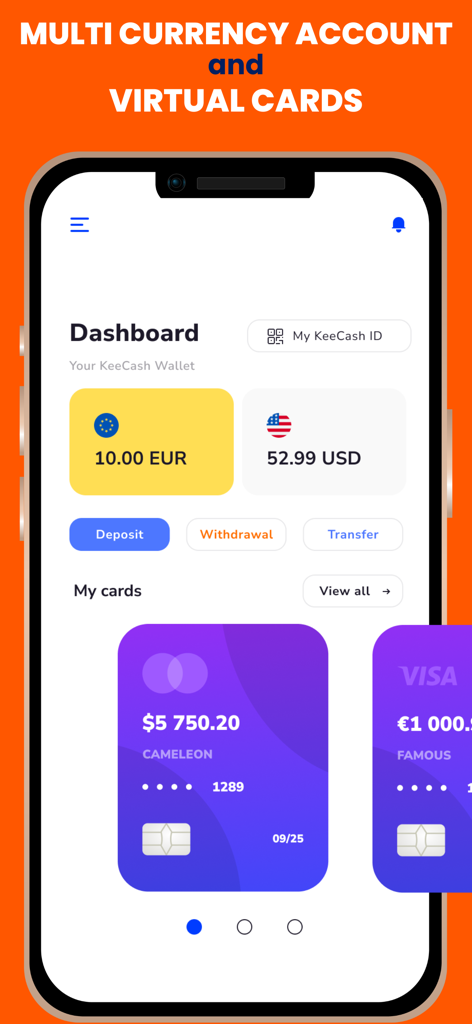 KeeCash - Panel de la aplicación KeeCash mostrando billeteras EUR y USD con tarjetas bancarias virtuales