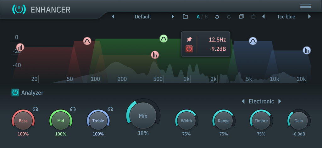 User interface of the TB Enhancer AUv3 plugin featuring a spectrum analyzer and professional audio control knobs.