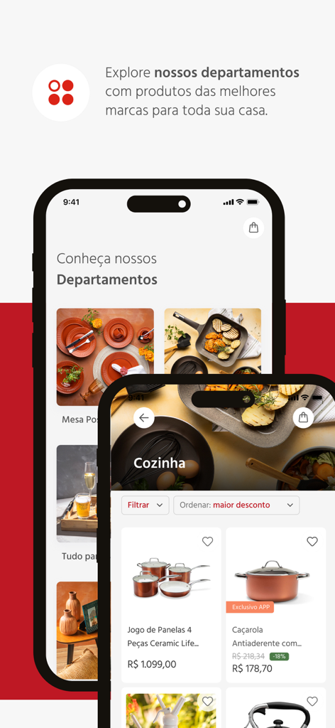 Camicado app interface showing home decor departments and kitchenware product listings.