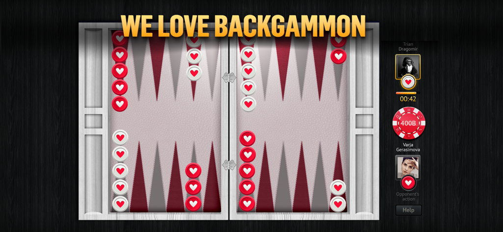 PlayGem Backgammon Live Online - A live multiplayer backgammon match on a digital board with heart-themed checkers.