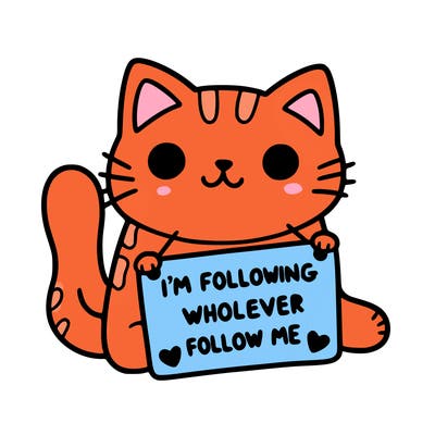 cat with a sign that says i’m following whoever follows me