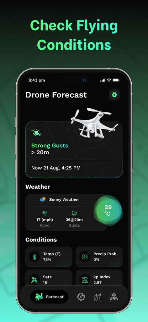 Dashboard of Drone Forecast app showing real-time wind gusts and weather conditions for drone pilots.