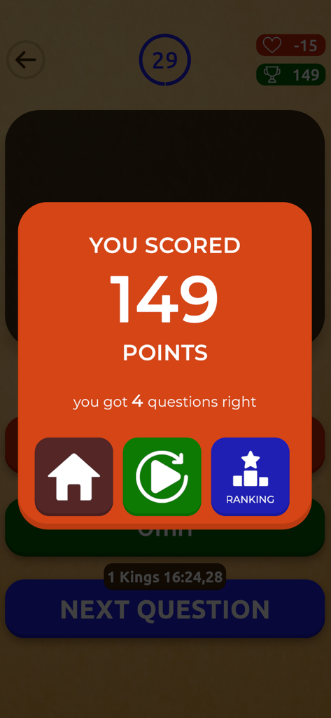 Who am I? (Biblical) - Spielstandsbildschirm mit 149 Punkten und Navigationstasten für die Bibel-Trivia-App