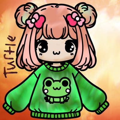 a girl with a oversized sweater with a kawaii frog on front