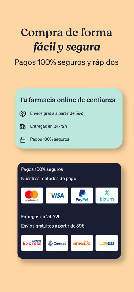 Pantalla de la app Atida Mifarma mostrando métodos de pago seguros e información de envío rápido