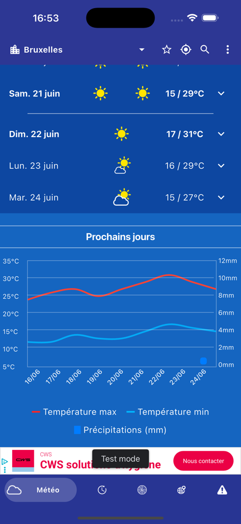Meteo Belgique app interface showing the weather forecast for Brussels with a temperature and precipitation graph