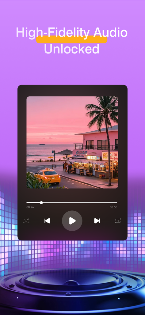 Music Player - Runo Player - Interfaz de la aplicación de música Runo Player mostrando reproducción de audio de alta fidelidad con una portada de álbum temática del atardecer y controles minimalistas.