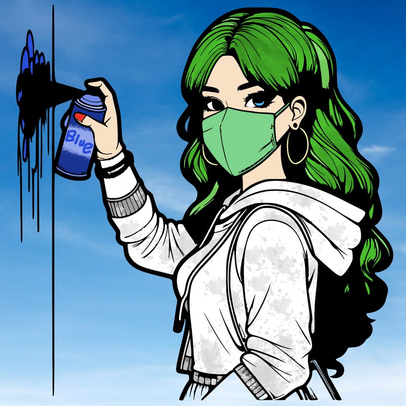 realistic girl with mask spray painting a wall