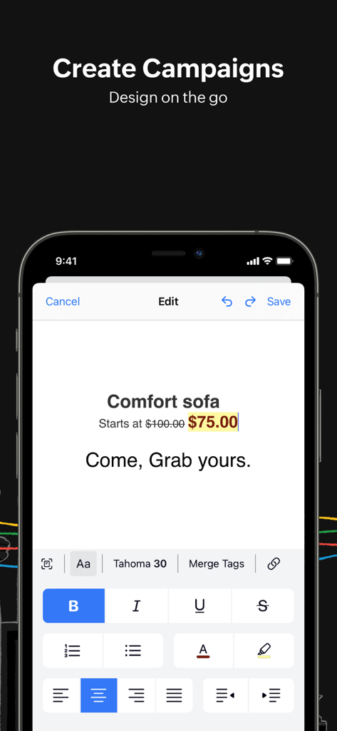 Zoho Campaigns-Email Marketing - Zoho Campaigns mobile interface for creating and editing email marketing campaigns on the go