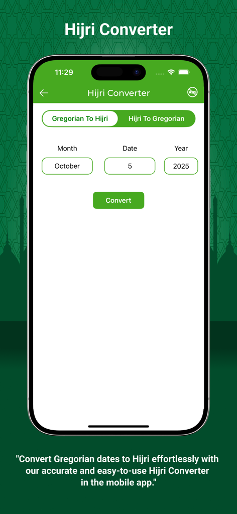 Un écran mobile montrant l'outil Convertisseur Hégirien pour passer des dates du calendrier Grégorien et Hégirien.