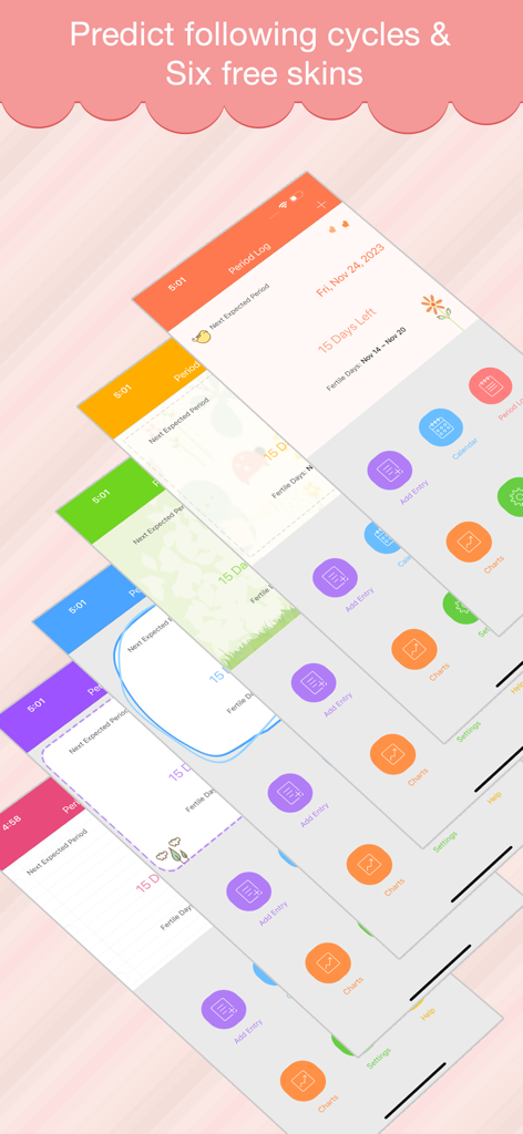 Period Log Pro - A showcase of Period Log Pro app's six different customizable color skins for menstrual cycle tracking and predictions.