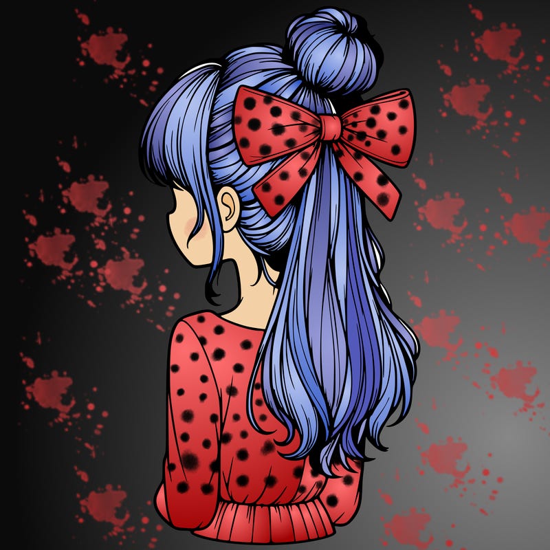 realistic girl  with hip length hair a bun and a big bow on the back of head