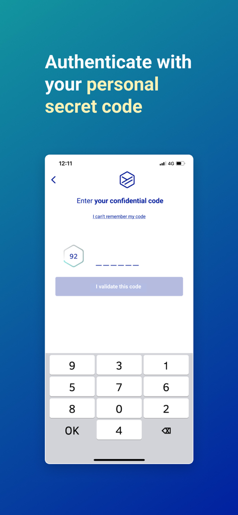 Yris - Pantalla móvil de la aplicación Yris mostrando un teclado numérico para introducir un código confidencial para la autenticación segura.