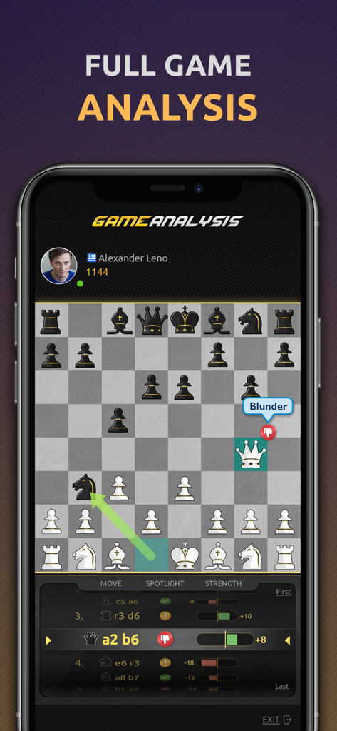 Chess Online - 2 Player Games - Pantalla de smartphone mostrando un análisis completo de una partida en una aplicación de ajedrez, resaltando un error grave