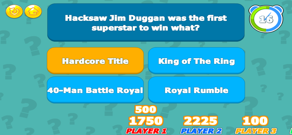 Wrestling Trivia­ - A wrestling trivia question about Hacksaw Jim Duggan with multiple choice options and scores for three players.