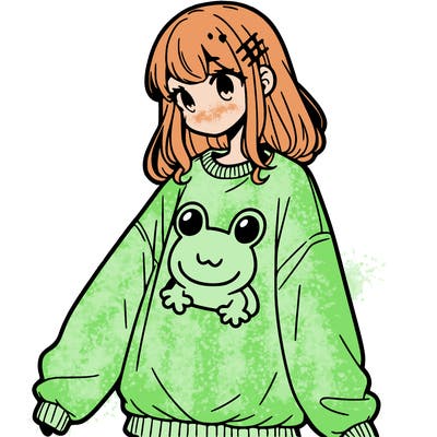 girl wearing frogging sweatshirt