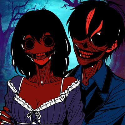 realistic scary creepy girl and boy couple romance horror anime