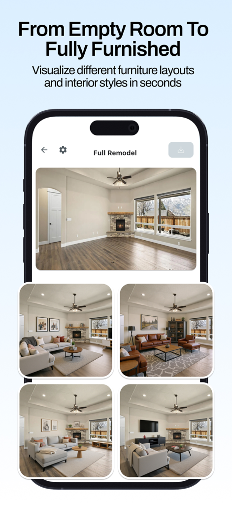Remodel AI - Home Design - Écran de l'application Remodel AI montrant une pièce de vie vide transformée en quatre agencements entièrement meublés différents.