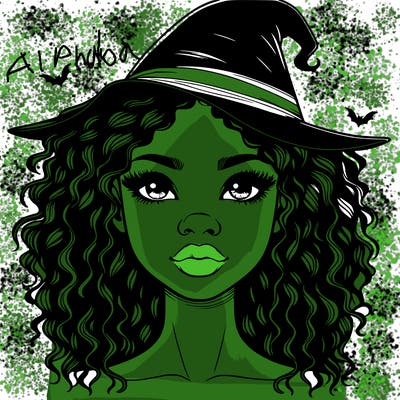 realistic black girl with wavy hair and witch hat and nose and lips