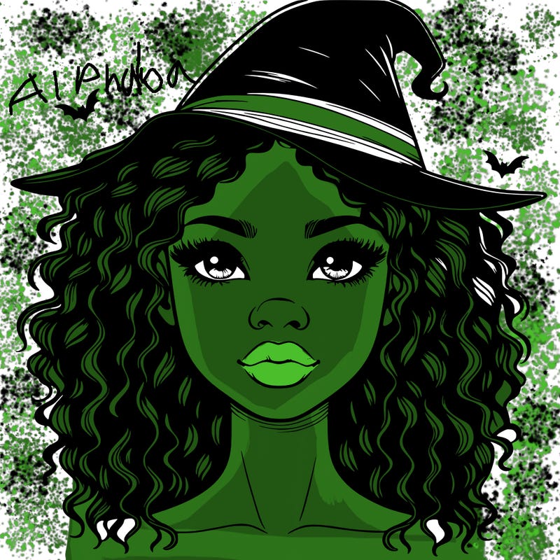 realistic black girl with wavy hair and witch hat and nose and lips
