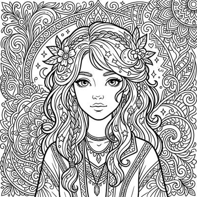 Discover a captivating human portrait coloring page, featuring a beautifully adorned woman framed by elaborate mandala and floral designs. This intricate artwork offers a rewarding and meditative coloring experience for all skill levels.