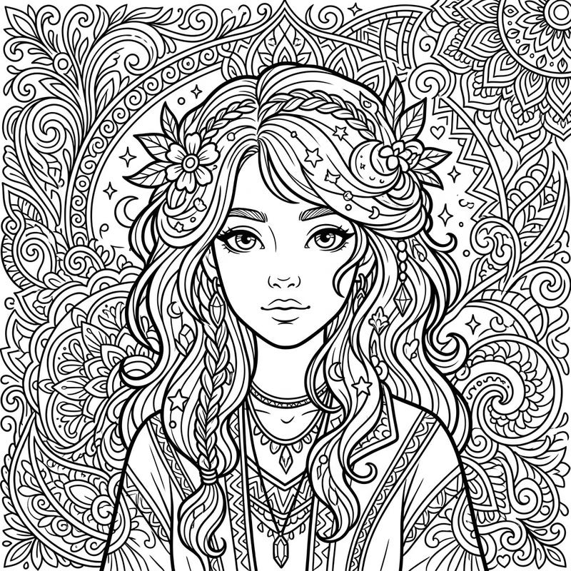 Discover a captivating human portrait coloring page, featuring a beautifully adorned woman framed by elaborate mandala and floral designs. This intricate artwork offers a rewarding and meditative coloring experience for all skill levels.