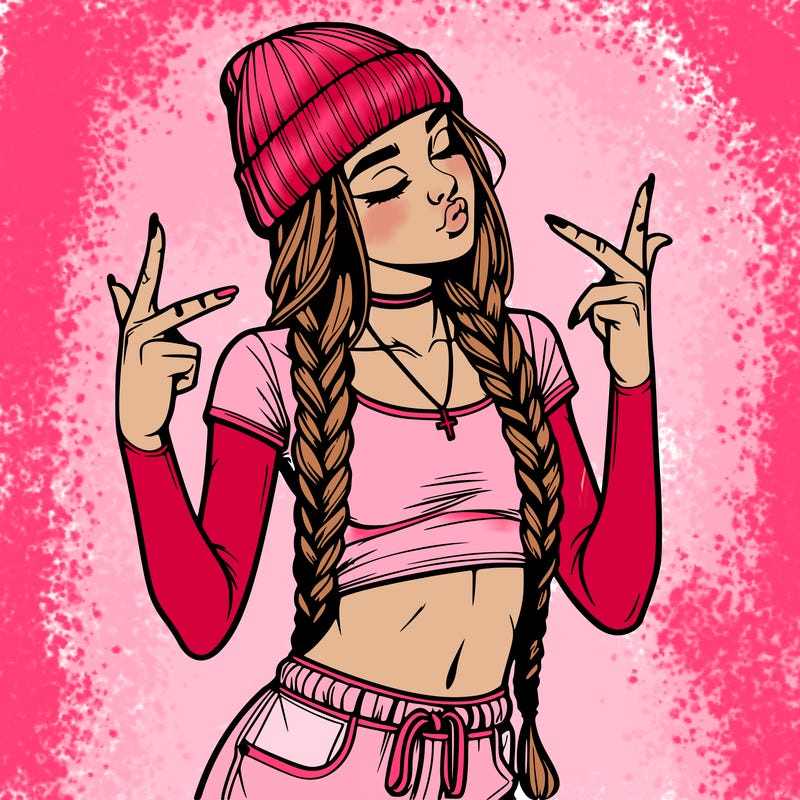 realistic teenage girl with braids and a beanie and crop top doing 🫶🏼