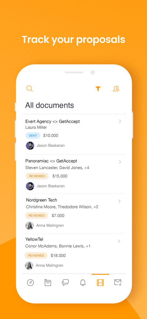 GetAccept - GetAccept mobile app interface showing a list of sales proposals with their current status like Sent and Reviewed