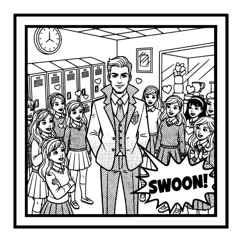 new kid in school is an undercover prince.  girls swooning in the background.  add details like lockers and other high school details