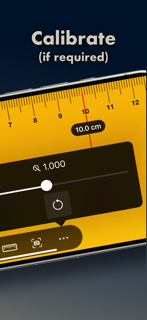 Ruler, Measuring Tape - AR App - Bildschirm eines Smartphones zeigt ein Kalibrierungswerkzeug für eine digitale Lineal-App.