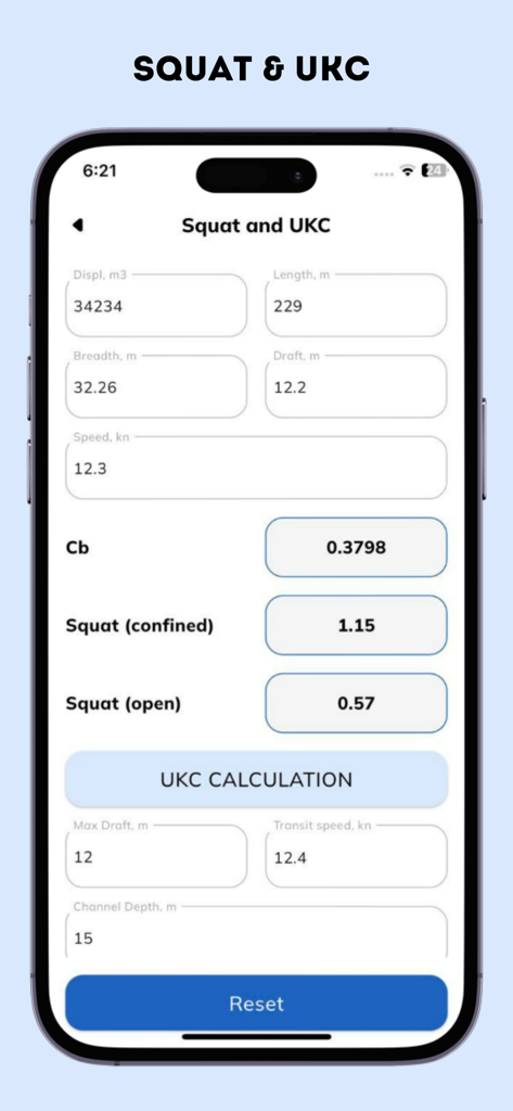 Bridge Calc: Draft & Ballast - Maritime app interface for Squat and Under Keel Clearance calculations showing vessel input data and results
